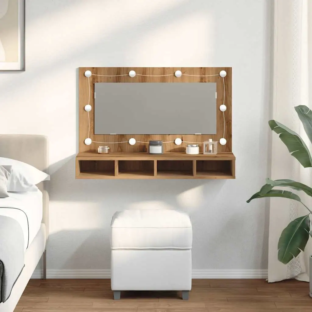 Bathroom Mirror Cabinet LED Brown Engineered Wood Wall Mounted Vanity Storage
