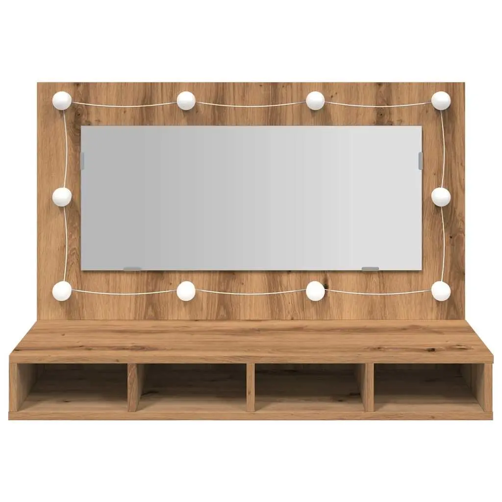 Bathroom Mirror Cabinet LED Brown Engineered Wood Wall Mounted Vanity Storage