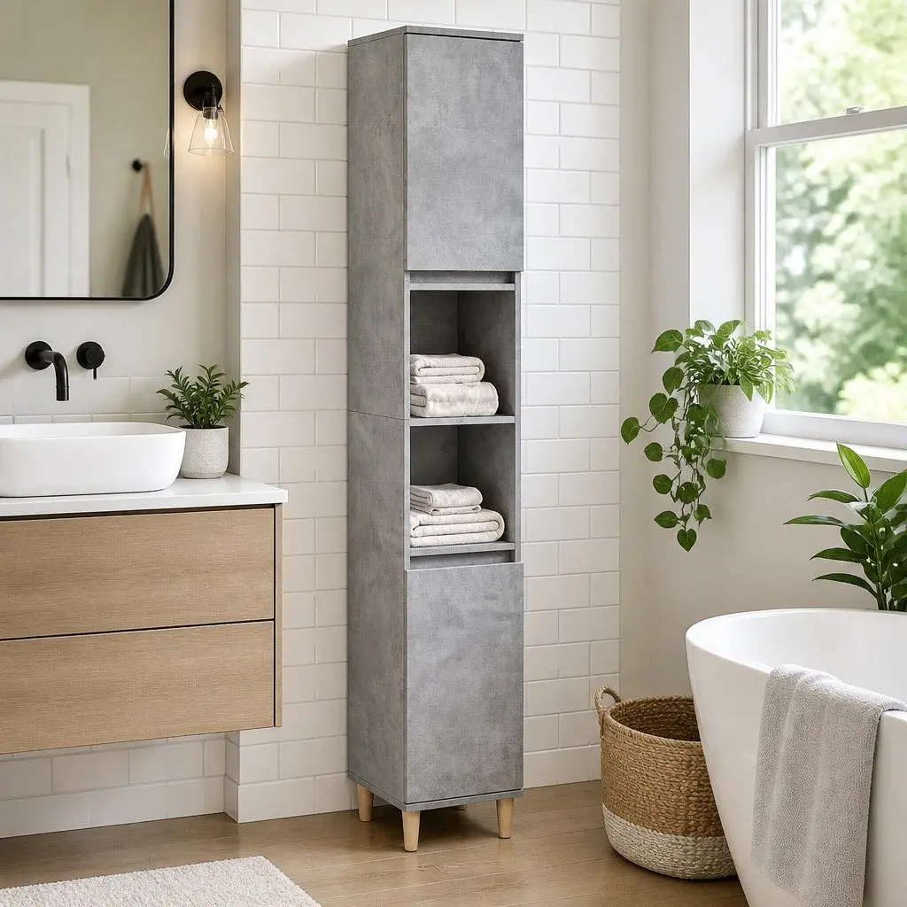 Bathroom Cabinet Grey Engineered Wood 30x30x190cm 6 Compartment Storage Unit