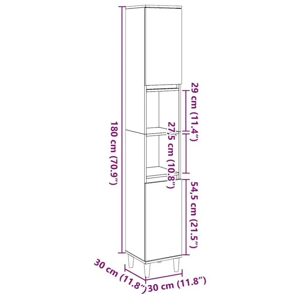 Bathroom Cabinet Grey Engineered Wood 30x30x190cm 6 Compartment Storage Unit