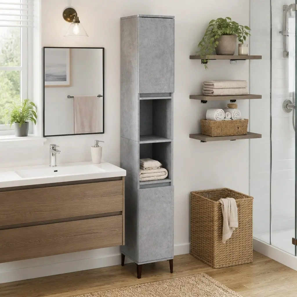 Tall Storage Unit Bathroom Cabinet 30x30x190cm Concrete Grey with 4 Doors and 2 Shelves for Organized Bathroom Storage