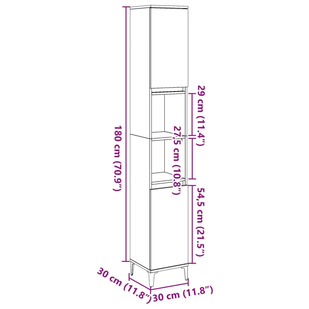 Tall Storage Unit Bathroom Cabinet 30x30x190cm Concrete Grey with 4 Doors and 2 Shelves for Organized Bathroom Storage