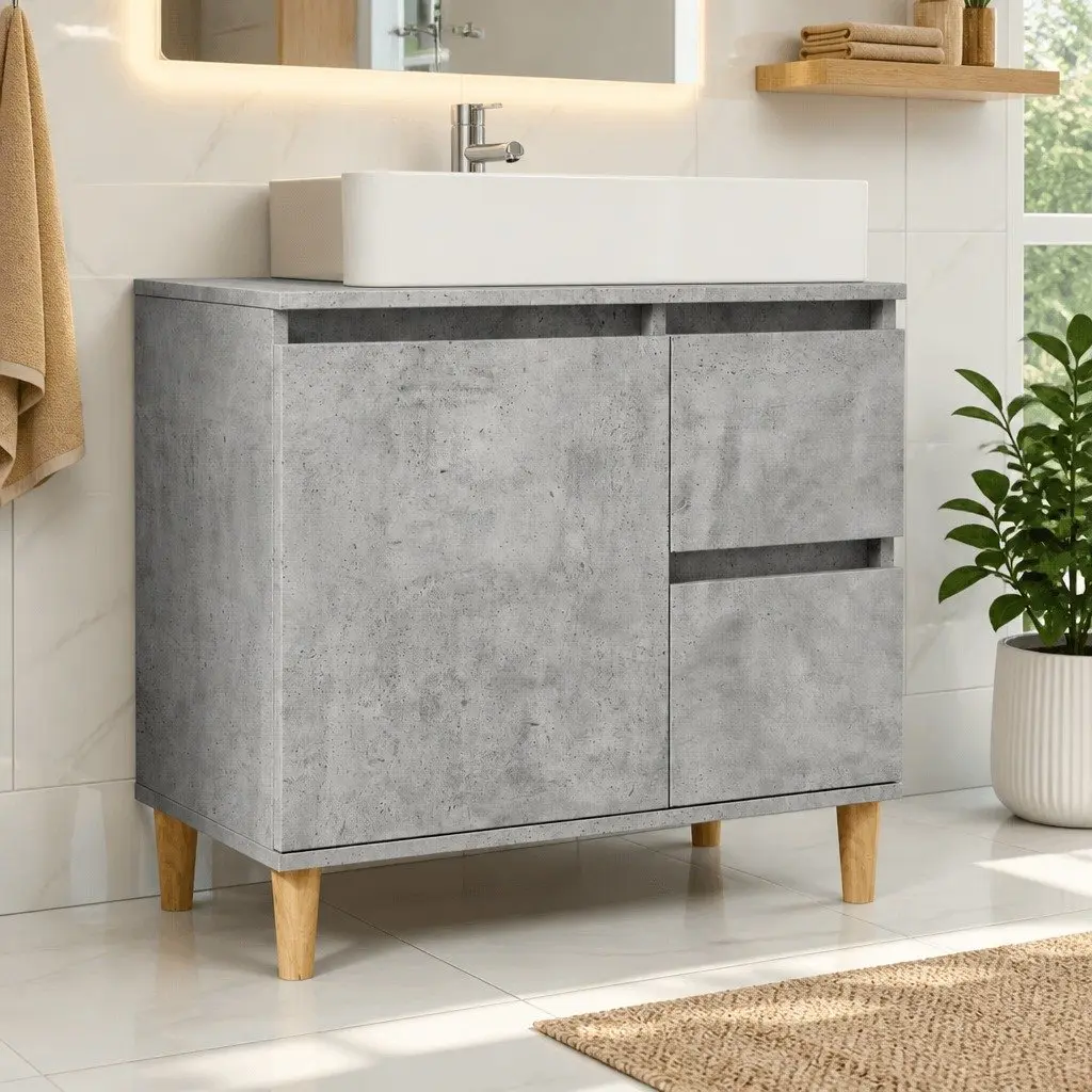 Bathroom Vanity Unit Grey Engineered Wood 2 Drawers Compartment Storage
