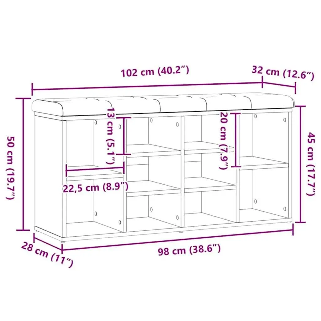 Shoe Bench Brown Engineered Wood Padded Seat Storage for Entryway Hallway