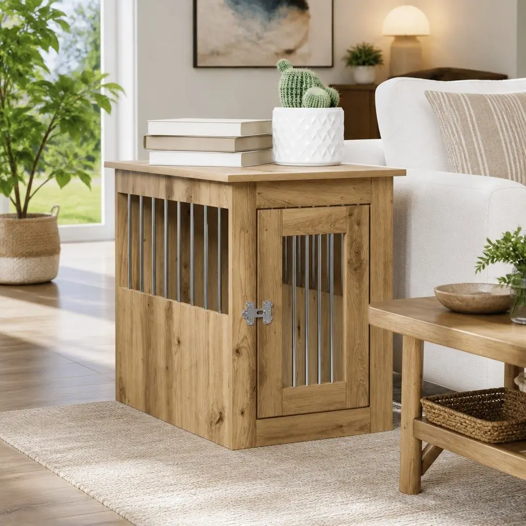 Dog Crate Furniture End Table Pet Kennel House Cage Brown Engineered Wood