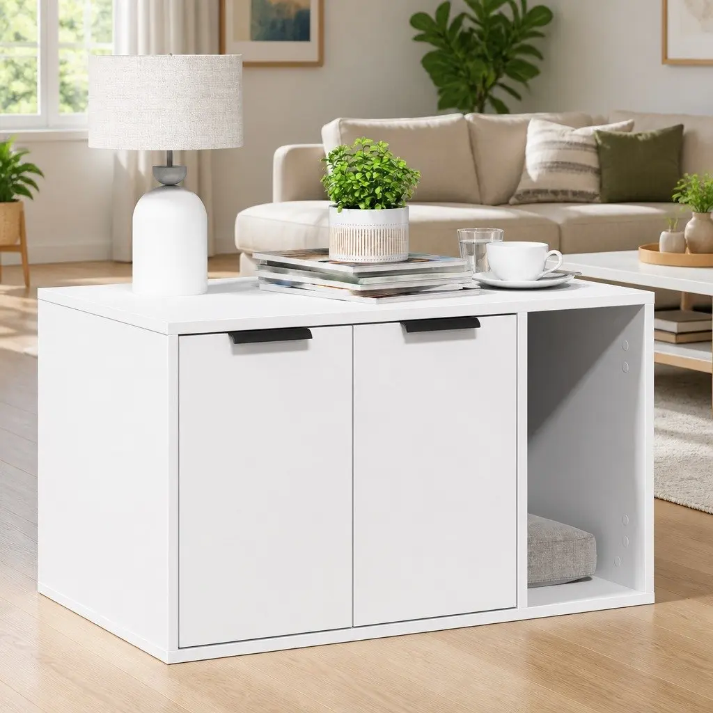 White Cat Litter Box Enclosure Furniture Hidden Cabinet 80x50x45cm Side Table