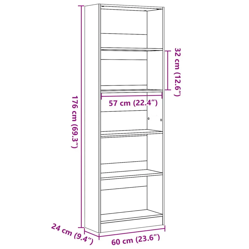 Bookcase Brown 60x24x176 cm Engineered Wood Storage Shelving Unit