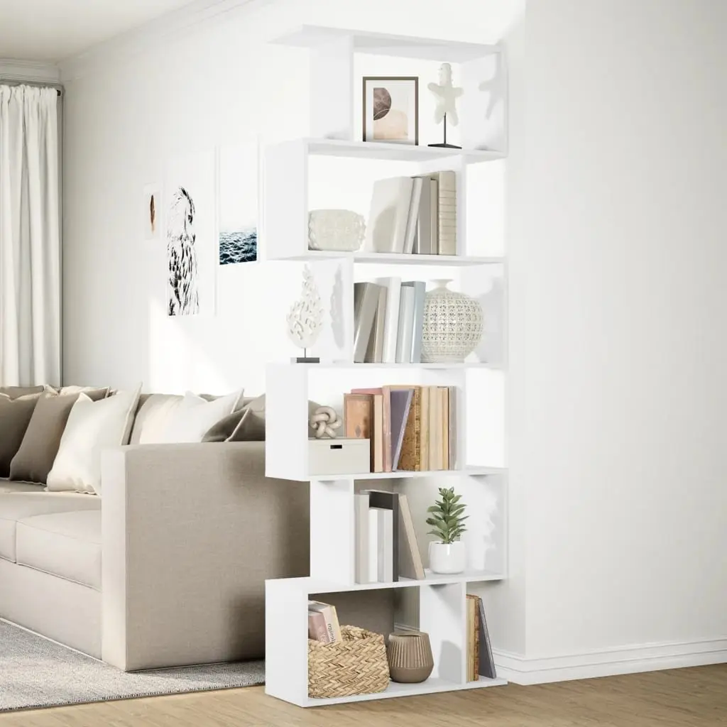 Room Divider Bookcase White 70x24x193 cm 6-Tier Staggered Storage Shelf