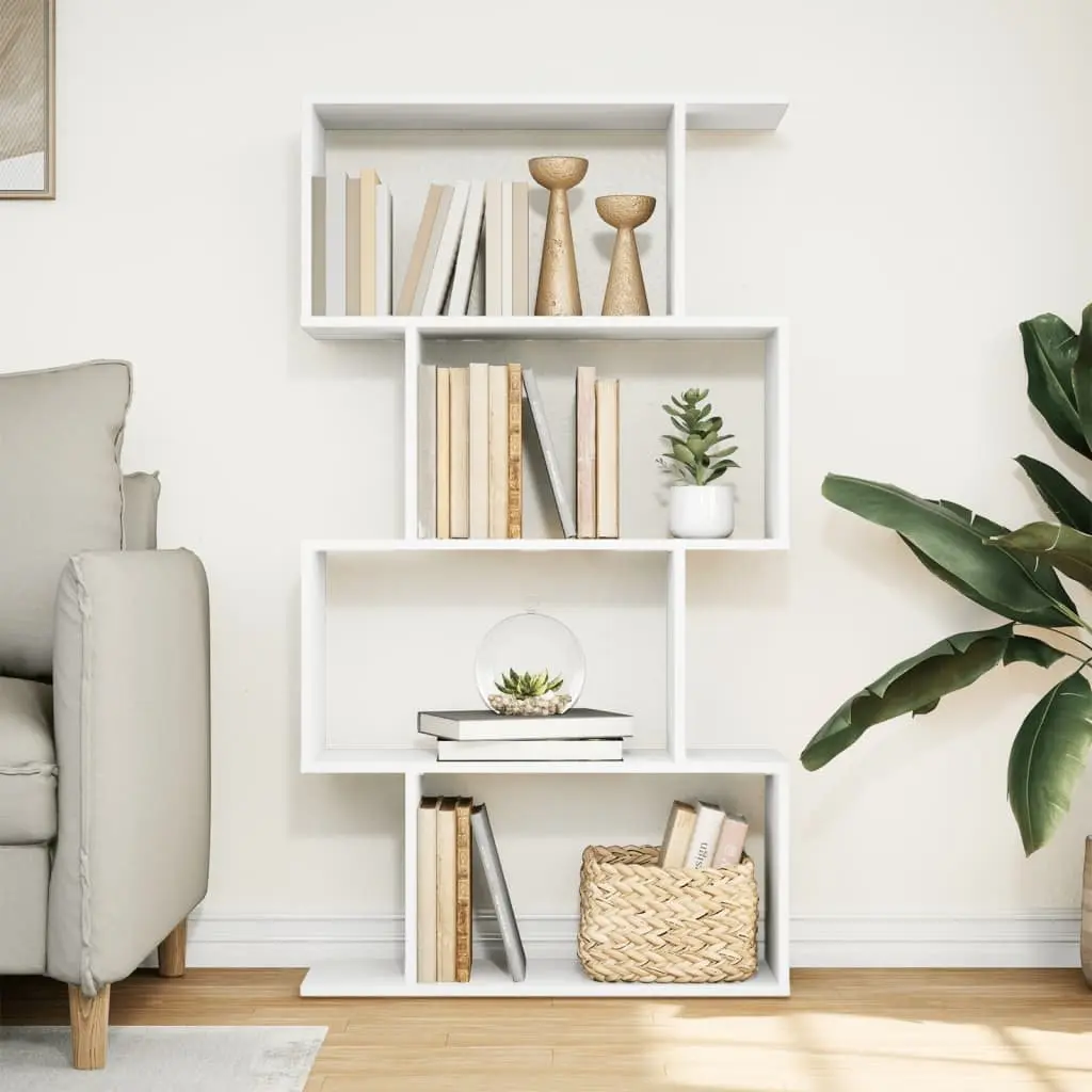 Room Divider Bookcase White 4-Tier Engineered Wood Staggered Storage Compartments