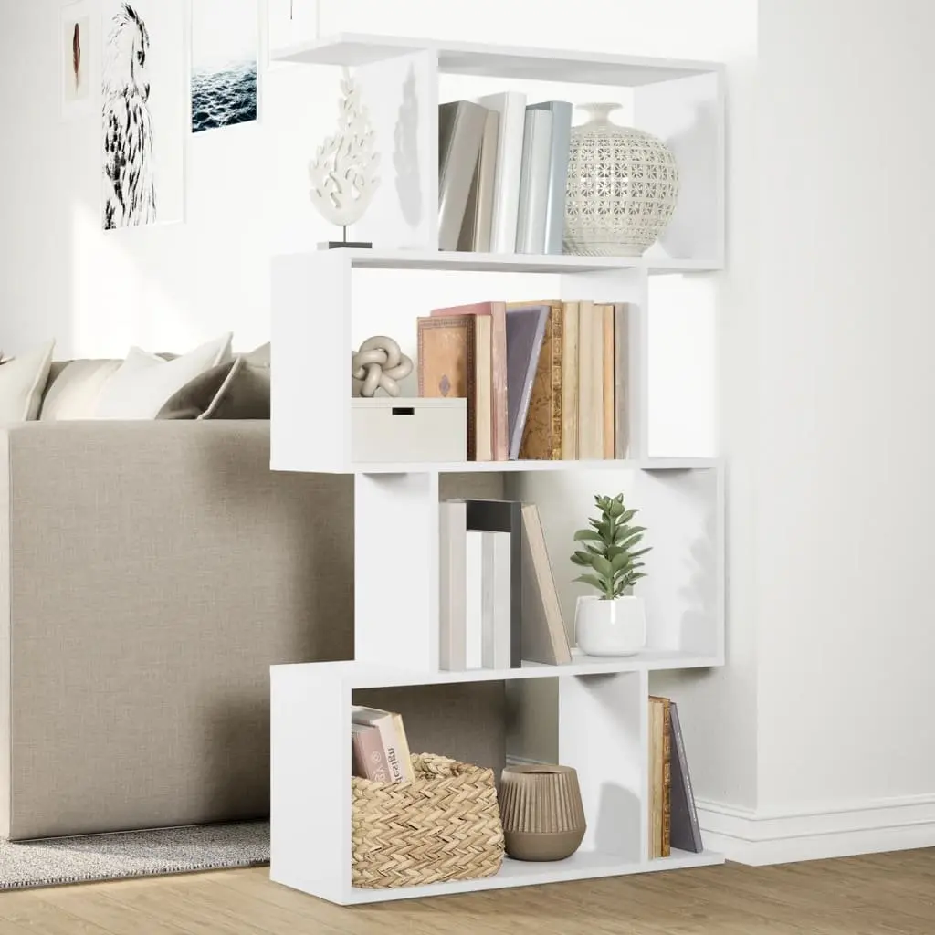 Room Divider Bookcase White 4-Tier Engineered Wood Staggered Storage Compartments