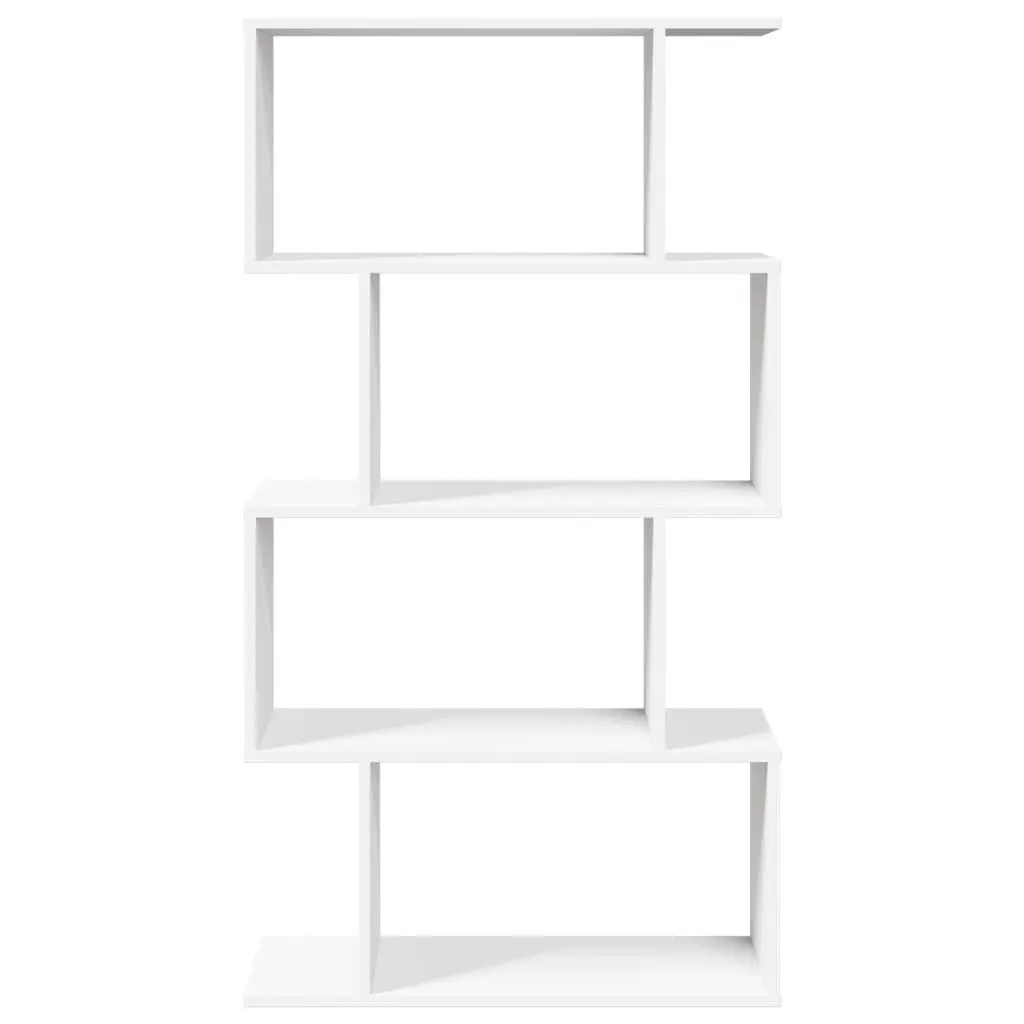 Room Divider Bookcase White 4-Tier Engineered Wood Staggered Storage Compartments