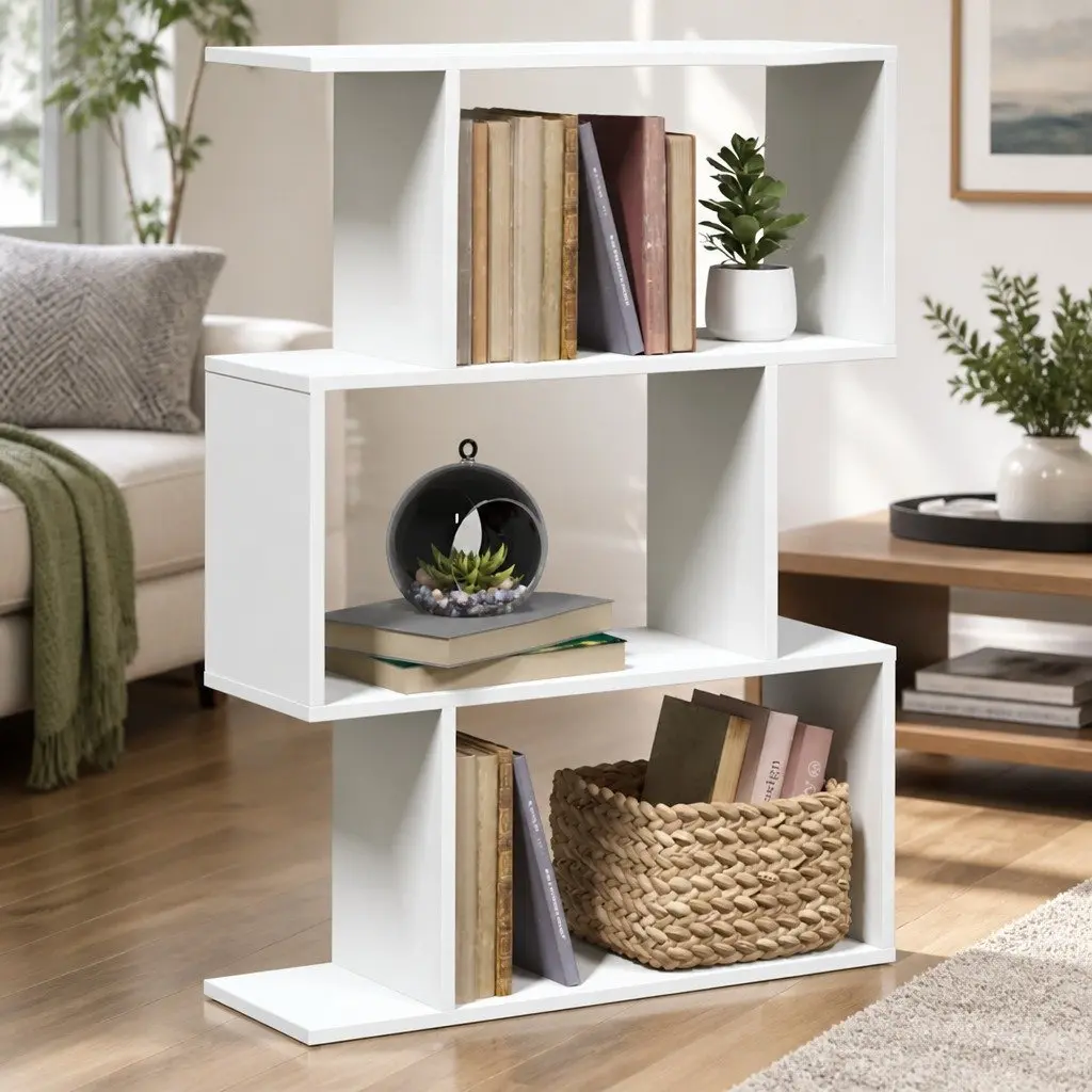 Room Divider Bookcase White 3-Tier Engineered Wood Storage Shelving Unit