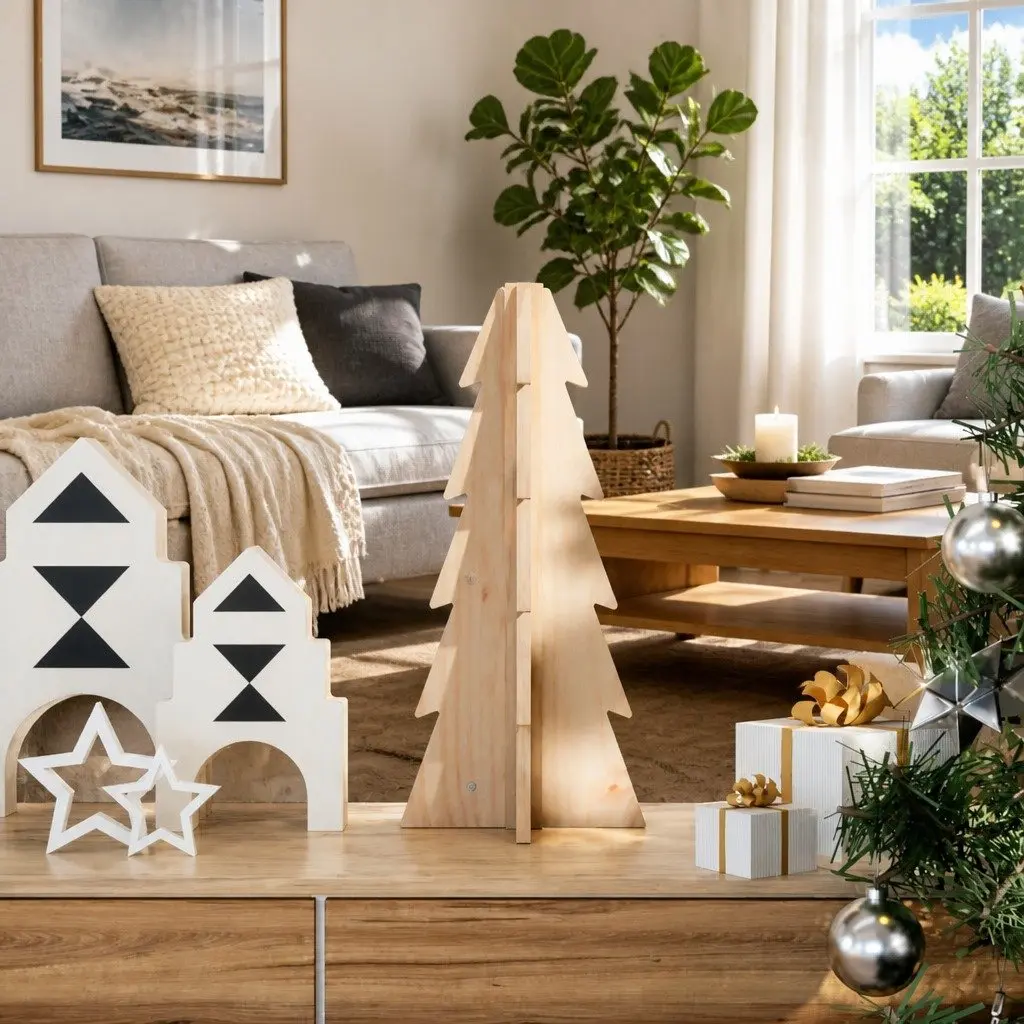 Wooden Christmas Tree Decoration 49cm Natural Pine Holiday Home Festive Ornament