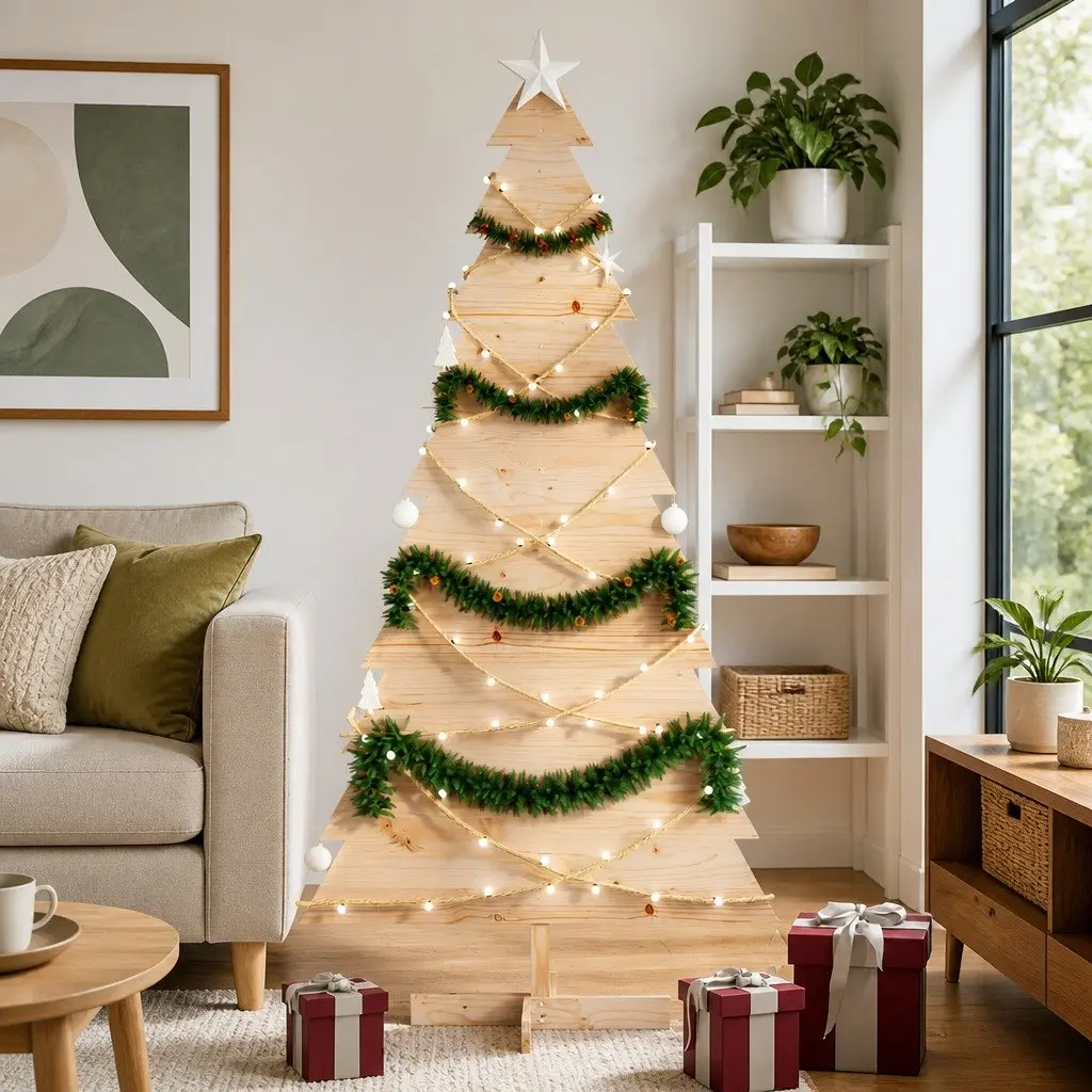 Wooden Christmas Tree Decoration Brown 180cm Solid Pine Wood Natural Holiday Decor
