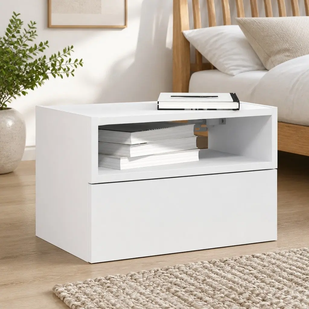 Bedside Cabinet White Wall-mounted Floating Shelf with Drawer and Open Compartment