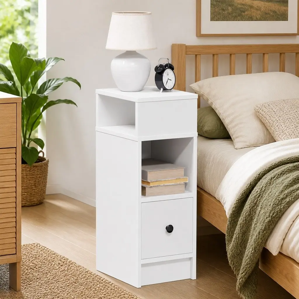 Bedside Table White 25x31x66cm One Drawer Two Open Compartments