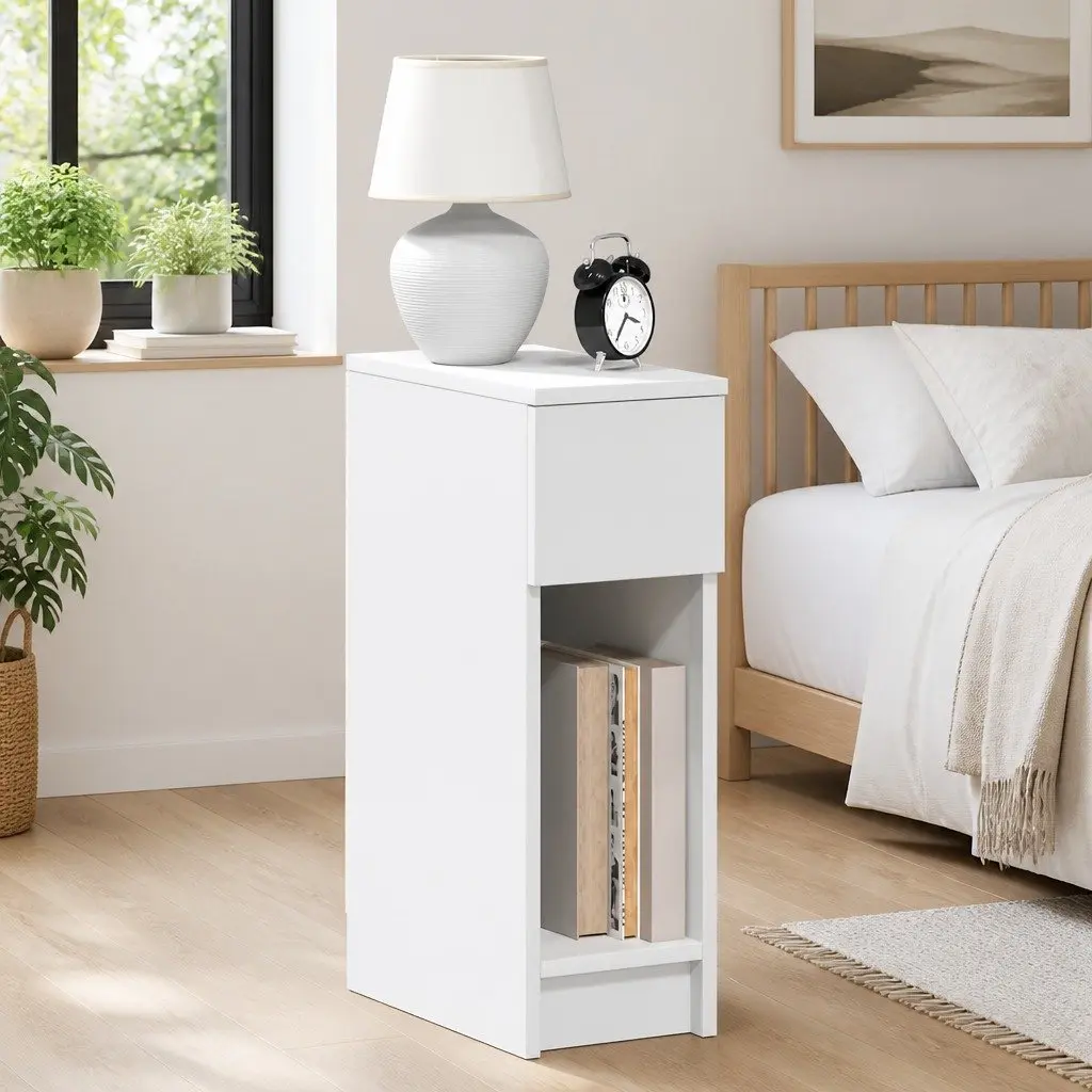 Bedside Cabinet White 2 Piece Storage Drawer Open Compartment