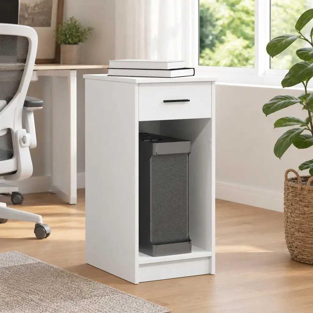 Computer Tower Stand White Engineered Wood with Drawer Storage for PC Case Organizer