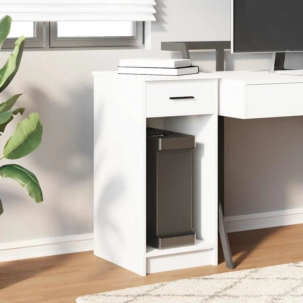 Computer Tower Stand White Engineered Wood with Drawer Storage for PC Case Organizer