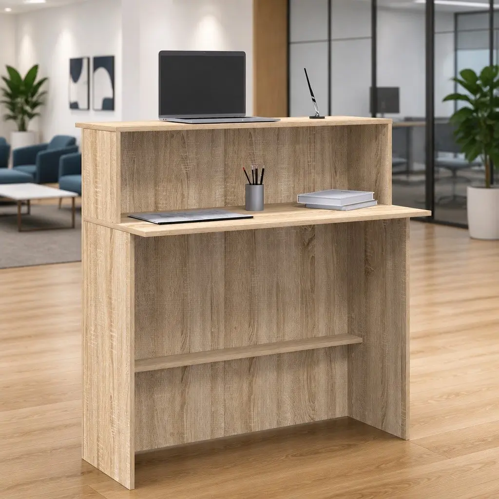 Reception Desk Brown Engineered Wood High Counter Integrated Storage
