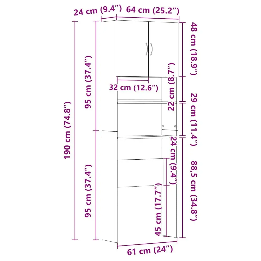 Washing Machine Cabinet White 64x24x190 cm Space-Saving Storage Organizer for Bathroom Laundry
