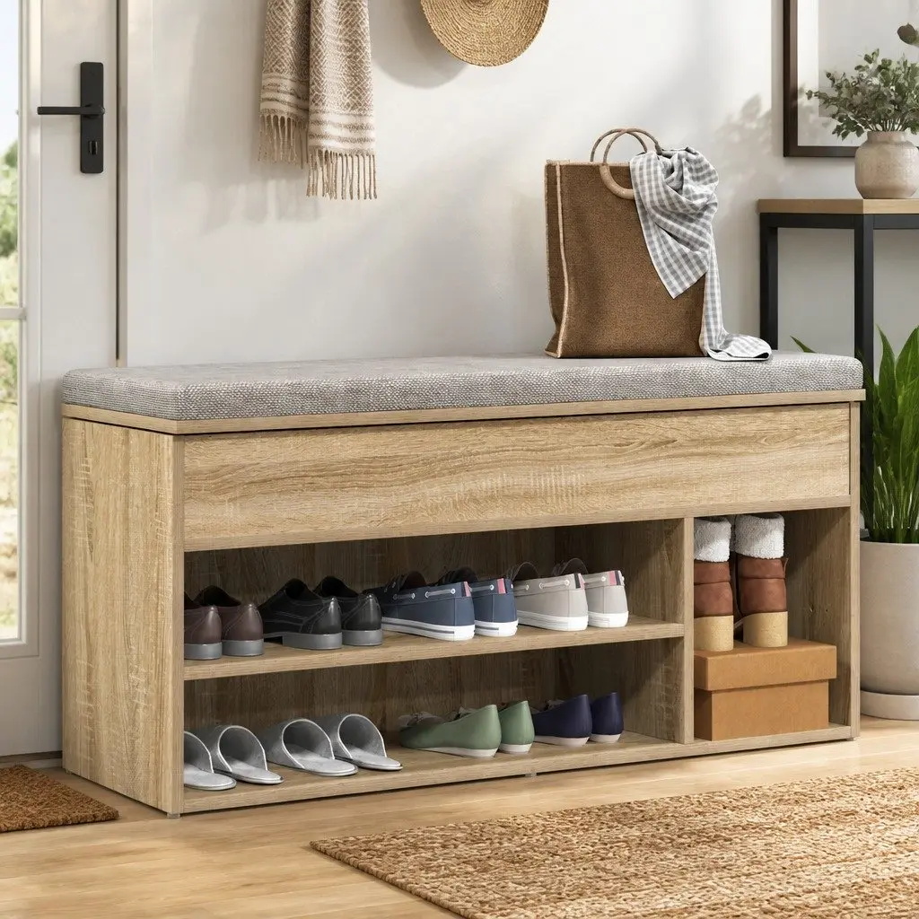 Shoe Storage Bench Brown Engineered Wood Organiser Cabinet 102cm with Seating Space