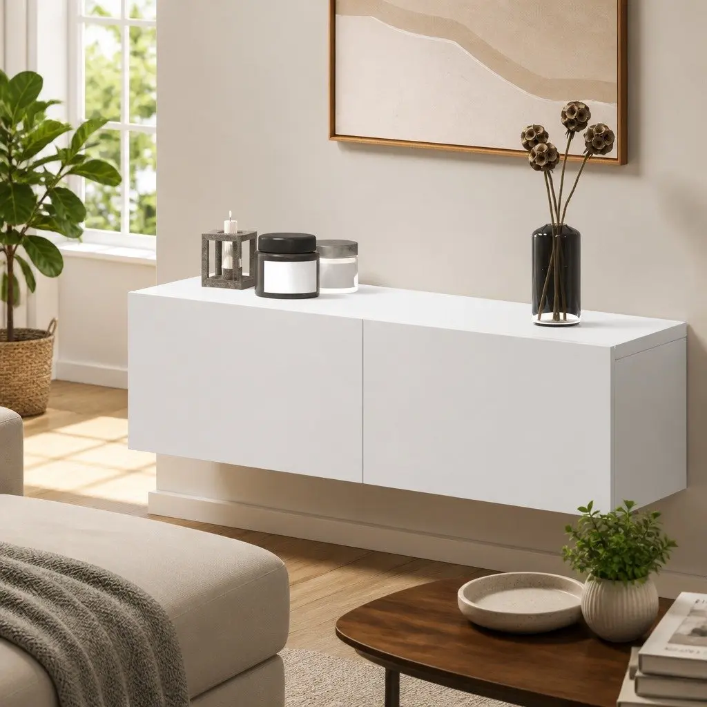 Wall Shelf White Floating Storage Cabinet with Drawers