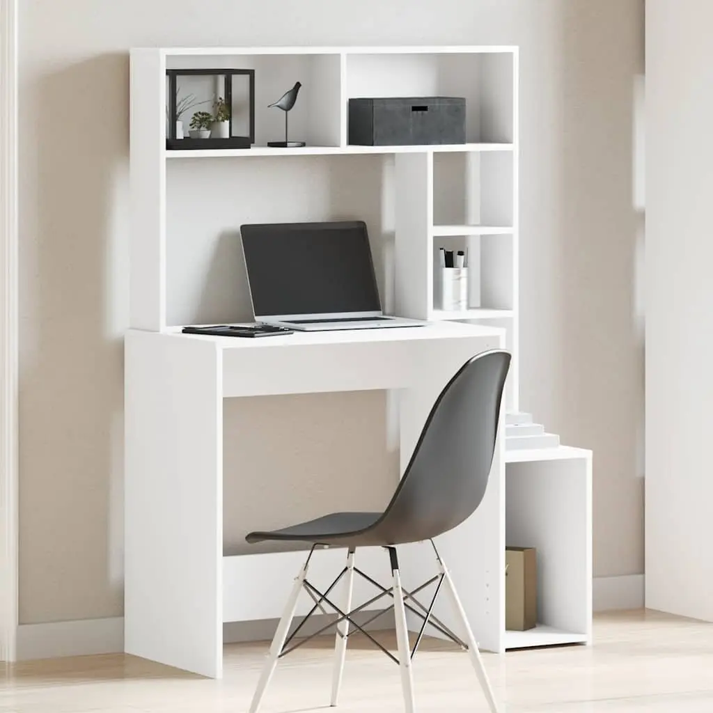 Desk White Engineered Wood with Shelves Storage for Study Office Workstation