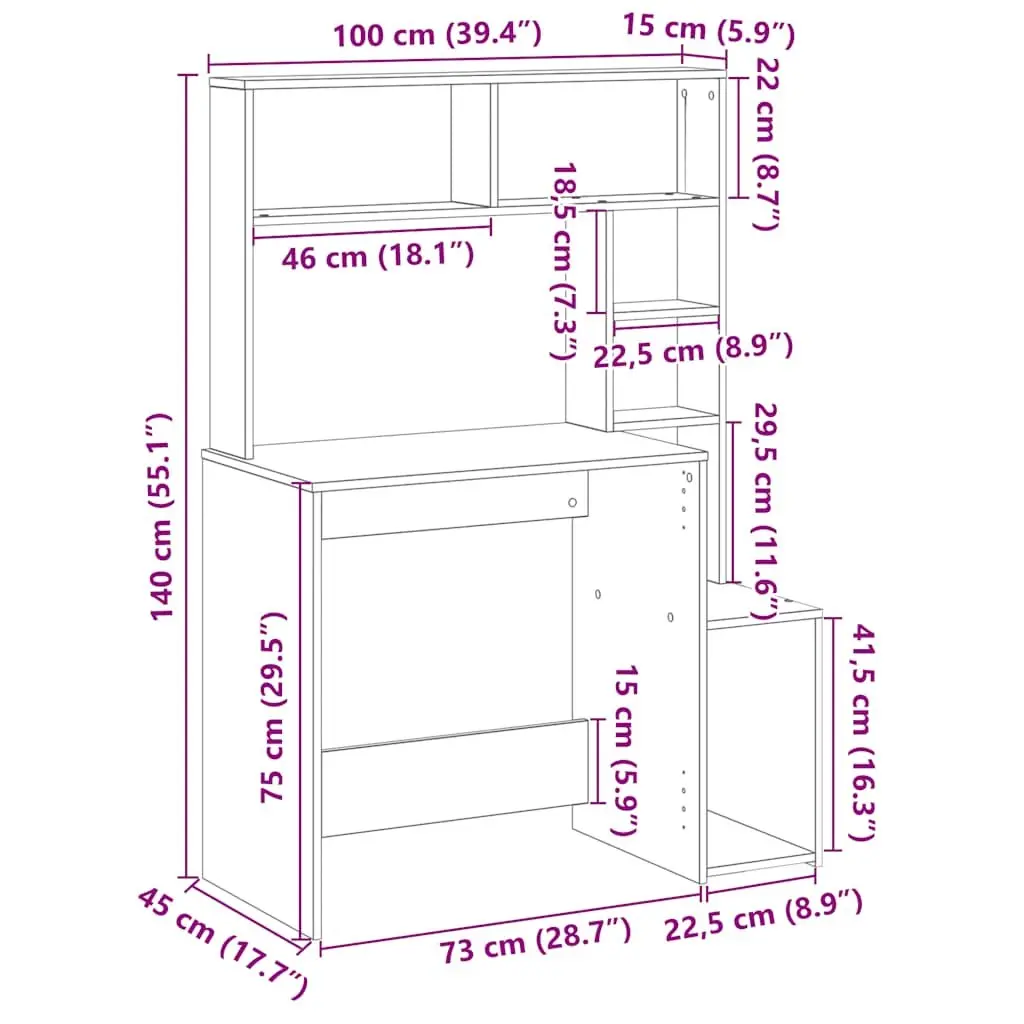 Desk Brown 100x45x140 cm Open Shelves Storage Engineered Wood