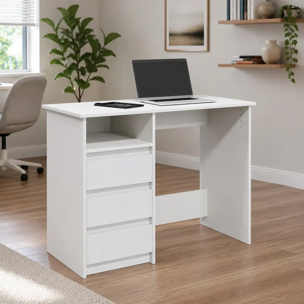 Engineered Wood White Desk 102x50x75cm Spacious Storage Office Study Table