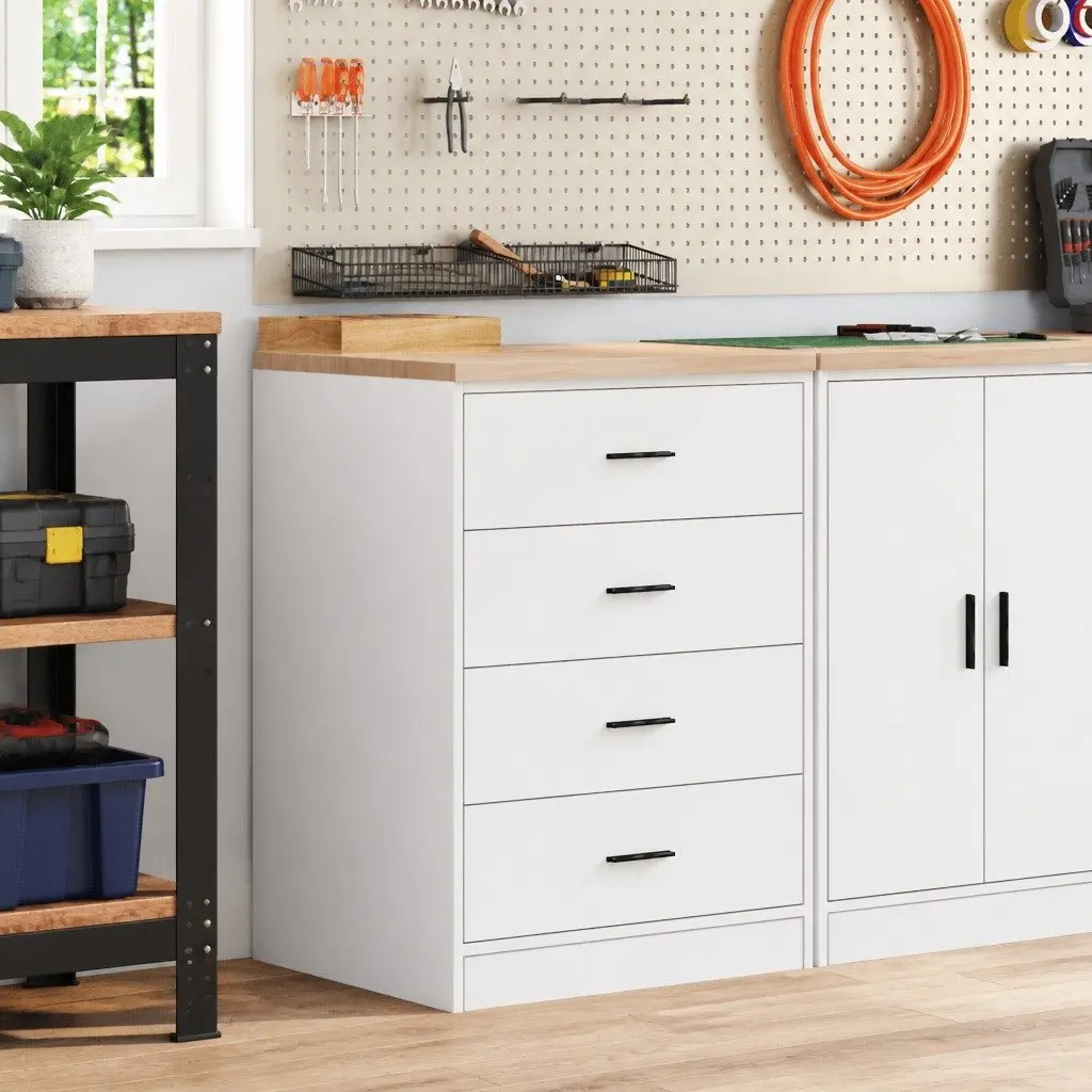 Pine Wood Garage Storage Cabinet White 60x51x85cm Tool Cabinet with 4 Drawers