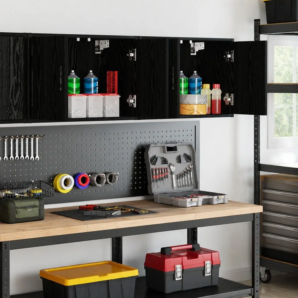 Wall Cabinets Black 2 Piece Wall-mounted Storage Organiser Durable Engineered Wood