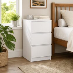 Concise White Nightstand with 3 Spacious Drawers