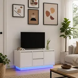Compact White TV Cabinet with RGB LED Lighting