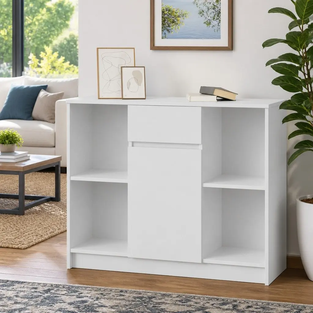 Sideboard Cabinet White Engineered Wood 1 Door 2 Shelves 1 Drawer Storage Furniture