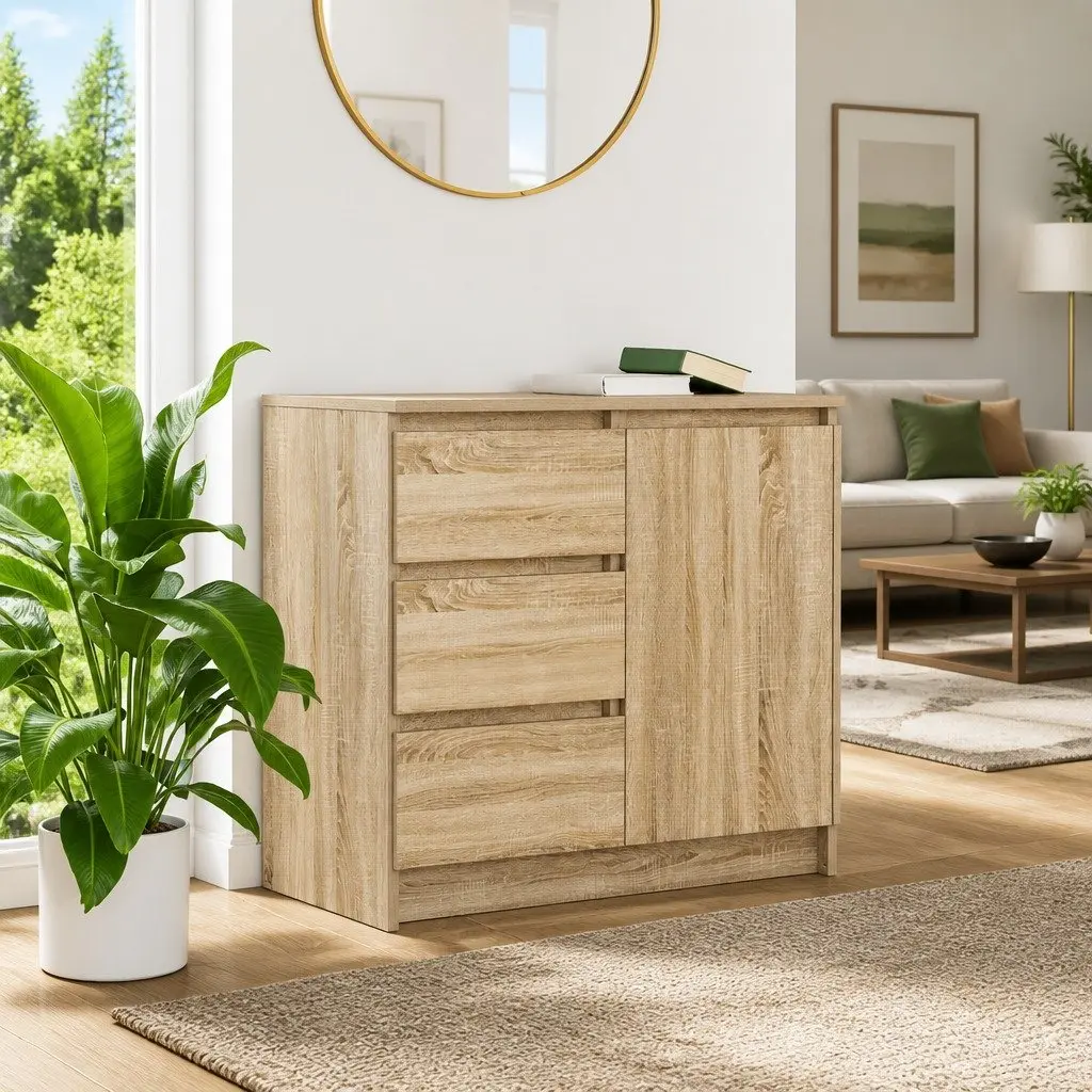 Sideboard Brown Engineered Wood Storage Cabinet with Door and 3 Drawers