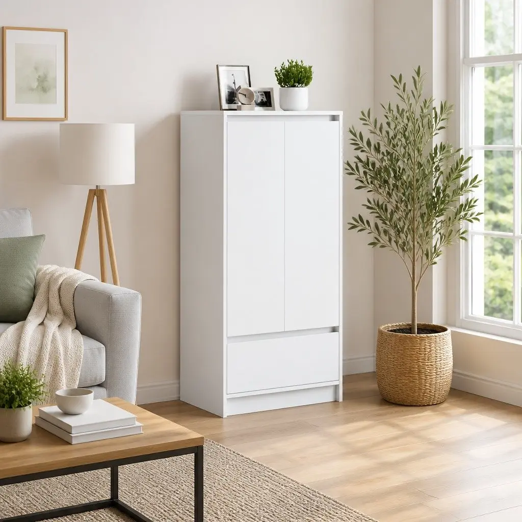 Storage Cabinet White Engineered Wood 55.5 x 34 x 119.5 cm 2 Doors 1 Interior Shelf 1 Drawer