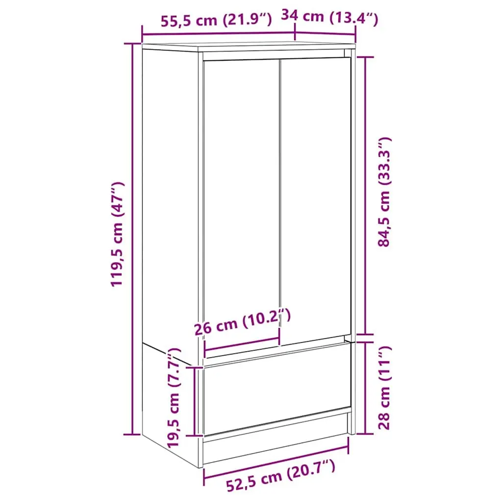 Storage Cabinet White Engineered Wood 55.5 x 34 x 119.5 cm 2 Doors 1 Interior Shelf 1 Drawer
