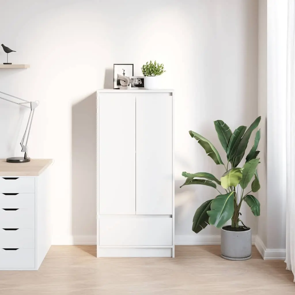 Storage Cabinet White Engineered Wood 55.5 x 34 x 119.5 cm 2 Doors 1 Interior Shelf 1 Drawer