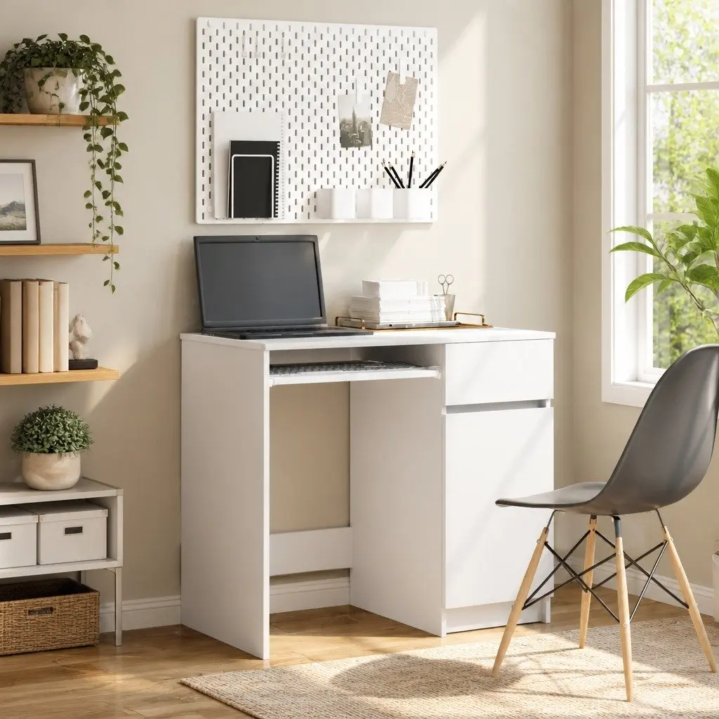 Office Desk White 86x49x76cm Engineered Wood Storage Drawer Door Shelf