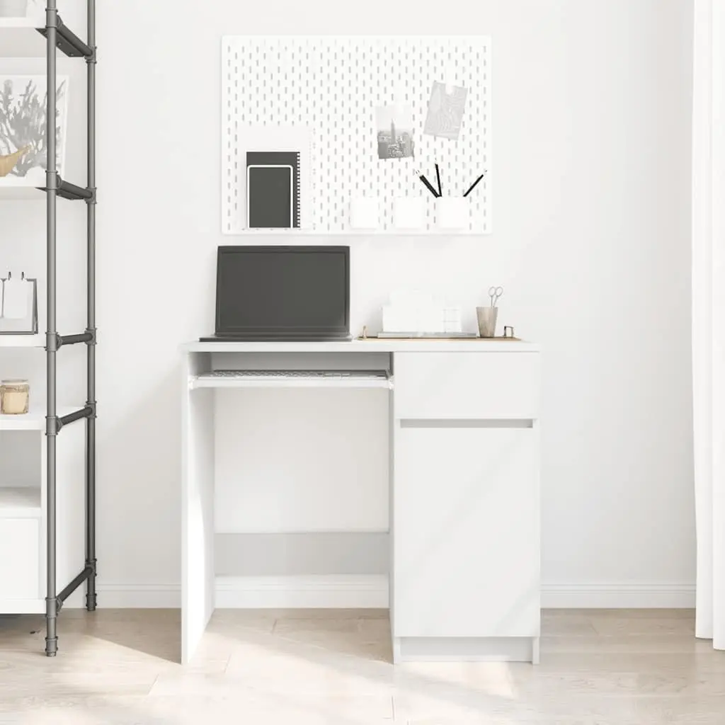 Office Desk White 86x49x76cm Engineered Wood Storage Drawer Door Shelf