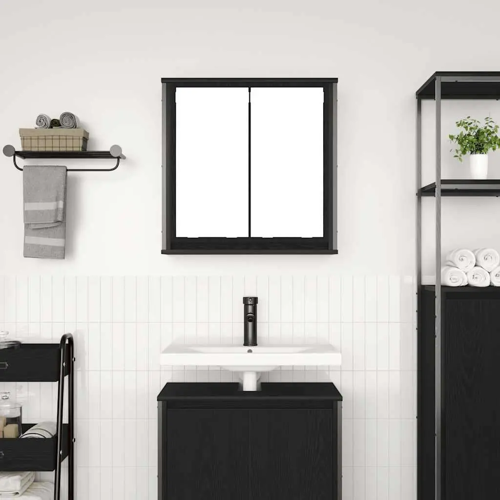 Bathroom Cabinet Black Oak 60x21x60cm Wall-mounted with Integrated Mirror and Interior Shelves