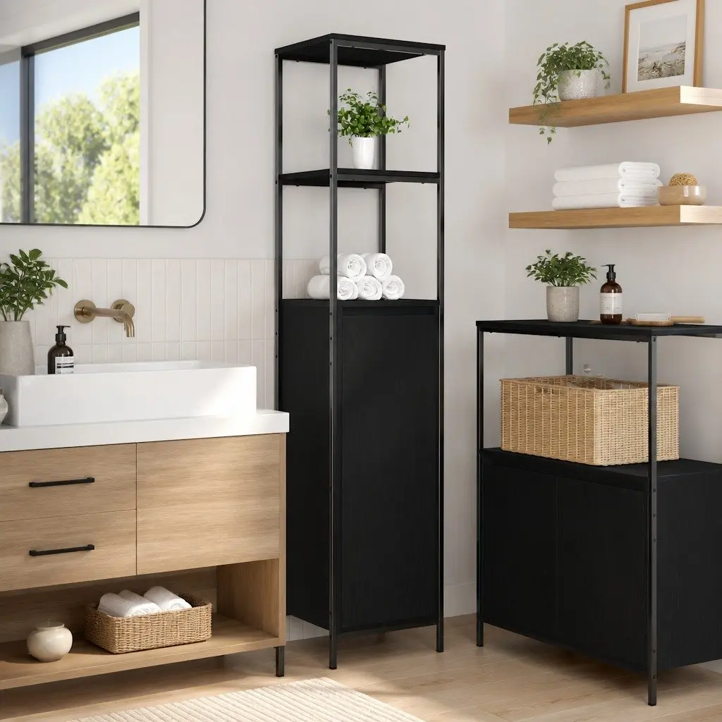 Black Oak Bathroom Vanity with Open Shelves