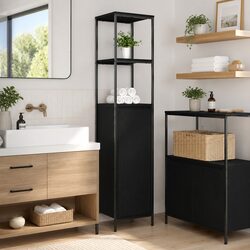 Compact Black Oak Bathroom Vanity with Open Shelves