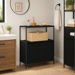 Compact Black Oak Vanity Cabinet with Smart Storage
