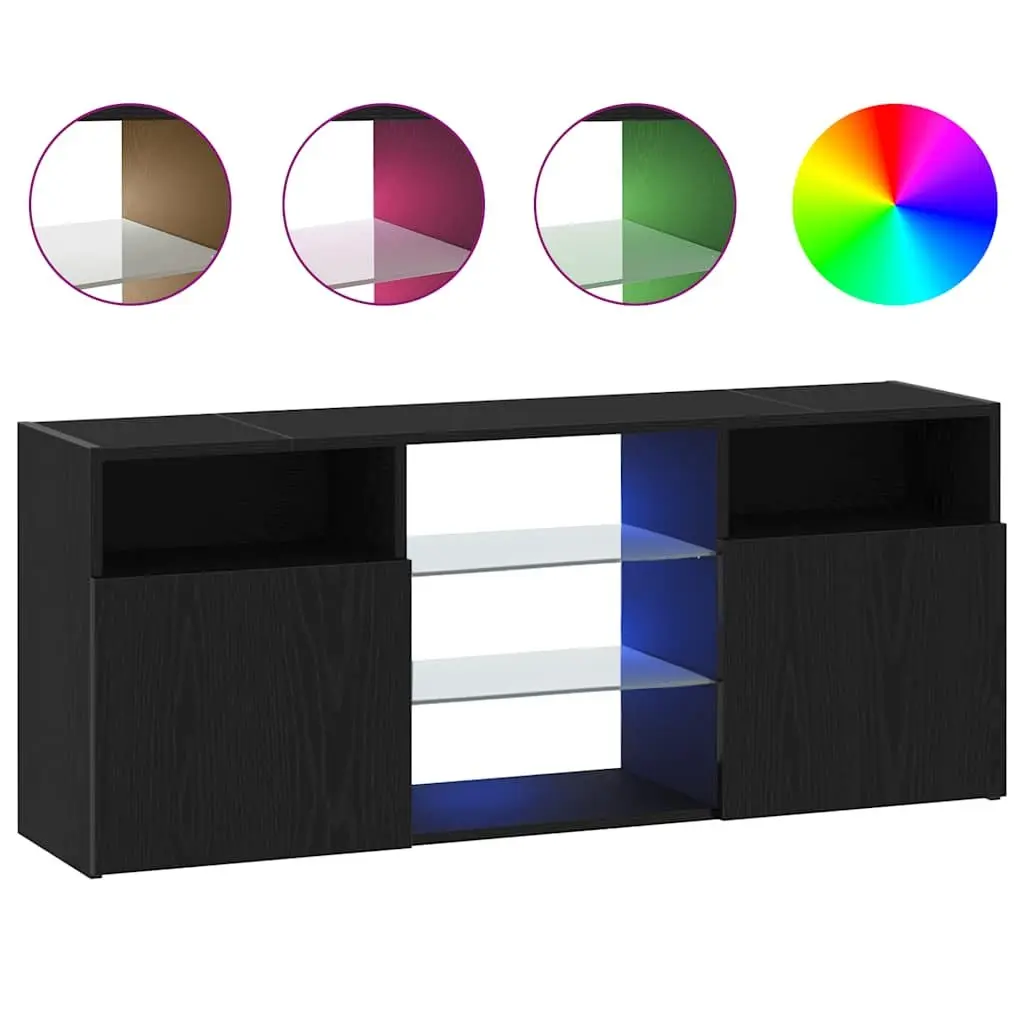 TV Cabinet Black Oak Engineered Wood RGB LED Lights Storage Unit