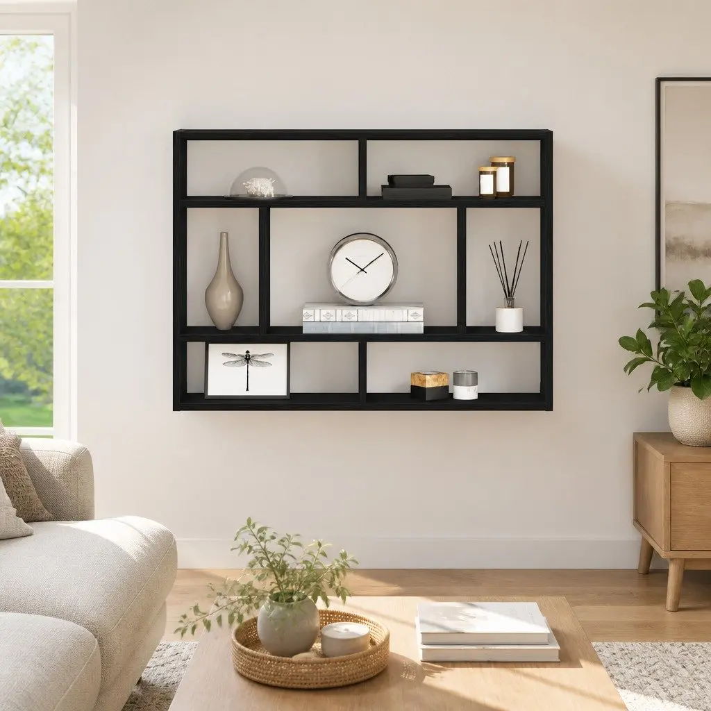 Wall Shelf Black Oak Floating Storage Display Organiser 75 x 16 x 55 cm