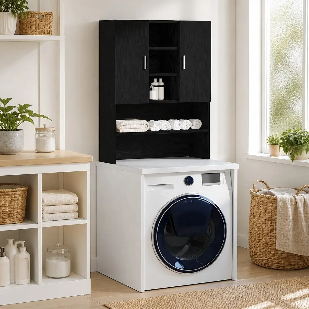 Washing Machine Cabinet Black Oak Storage Organiser 2 Doors 4 Compartments