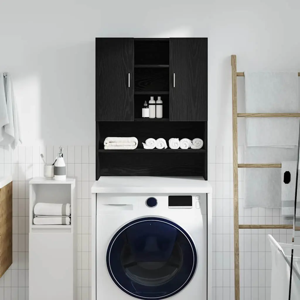 Washing Machine Cabinet Black Oak Storage Organiser 2 Doors 4 Compartments