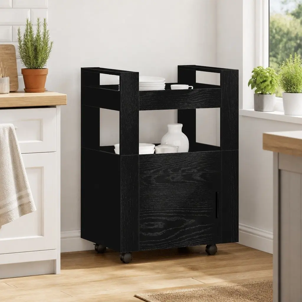 Kitchen Trolley Black Oak 60 x 45 x 80 cm Engineered Wood Rolling Storage Cart